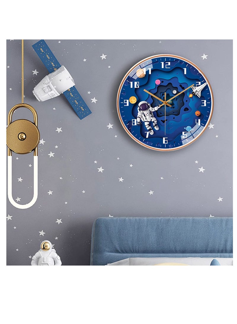 SYOSI Kids Wall Clock, 12 Inch Silent Movement Round Clock, Battery Operated Space Travel Style Decor Children Clock for Boys (Blue)