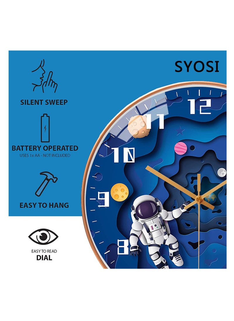 SYOSI Kids Wall Clock, 12 Inch Silent Movement Round Clock, Battery Operated Space Travel Style Decor Children Clock for Boys (Blue)