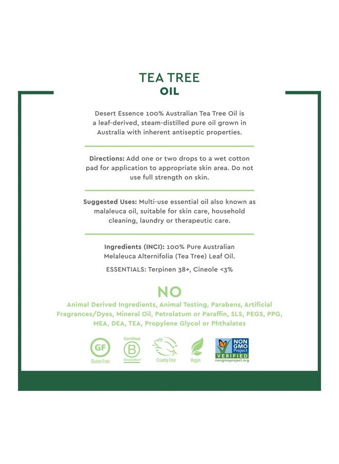 Desert Essence 100% Australian Tea Tree Oil Therapeutic Grade Essential Oil - Skin Cleansing, Clarifying, Soothing - Refreshing Air - Skin Care, Hair Care, Powerful Green Clean - Vegan, Non-GMO - 2oz