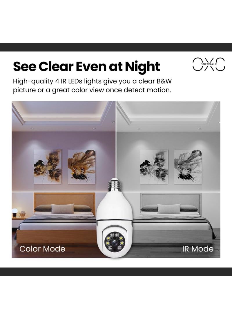 OneXsale 1080p HD Wireless Bulb Light IP Camera 360 Panoramic Fisheye Motion Detection PTZ Indoor Security Camera with IR Night Vision White
