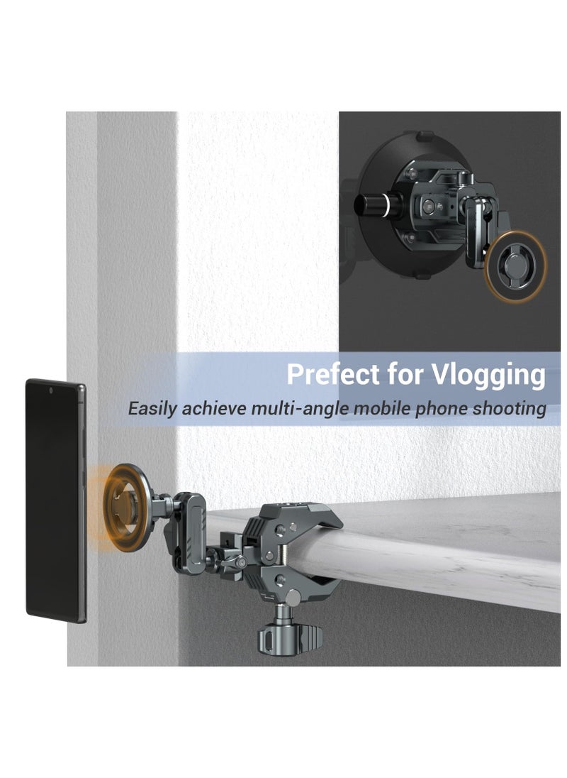 Magnetic Phone Tripod Mount Adapter with Adhesive Magnetic Ring, 1/4” Screw Hole Suitable for Ball Head/Tripod, Cold Shoe Design Compatible with Microphone with Hot Shoe Connector