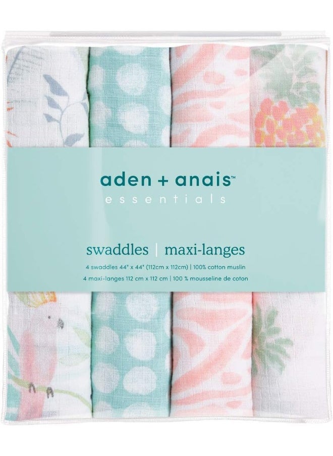 aden + anais Essentials Swaddle Blanket, Boutique Muslin Blankets for Girls & Boys, Baby Receiving Swaddles, Ideal Newborn & Infant Swaddling Set, Perfect Shower Gifts, 4 Pack, Tropicalia