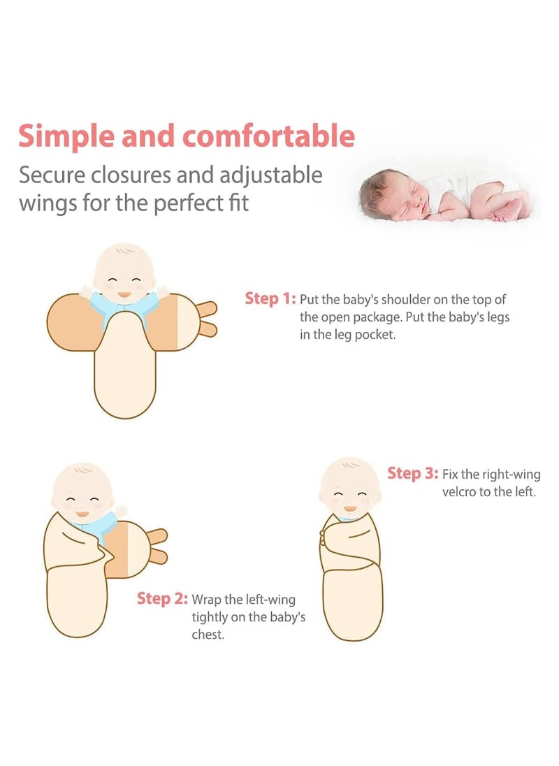 Cozy Baby Swaddle Wrap Set, 3 Pcs Soft Cotton Newborn Blanket for 0-3 Months, Breathable Sleep Sack with Adjustable Wings for Boys & Girls
