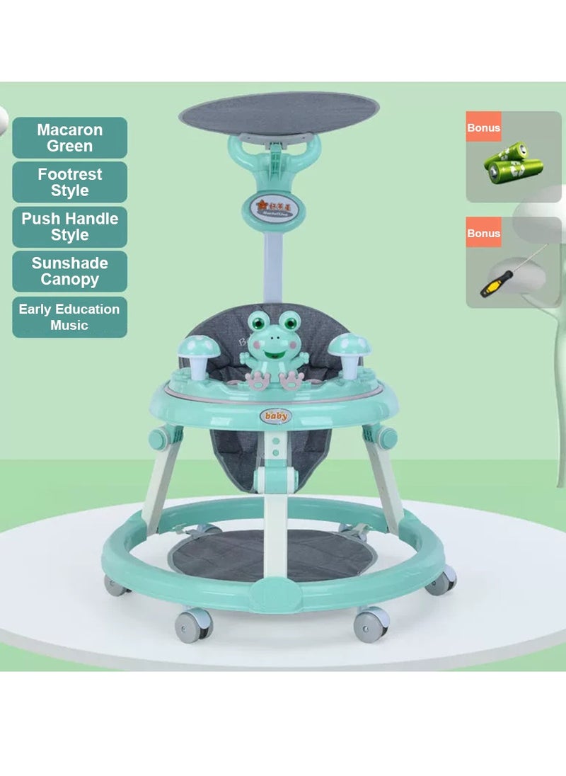 Baby Walker Foldable with Removable Dinner Plate, Baby Walkers and Activity Center for Boys Girls Babies 6-18 Months, Baby Walker with Wheels Portable, Multifunctional Round Kids Walker with Parent Push Handle and sunshade