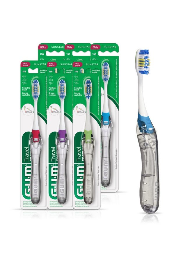 GUM Folding Travel Toothbrush, Compact Head + Tongue Cleaner, Soft Bristled Travel Toothbrushes for Adults, 1ct (6pk)