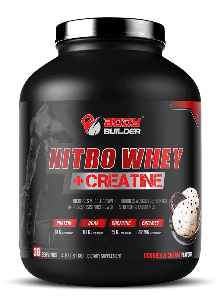 Nitro Whey Protein Plus Creatine, Contains Digestive Enzymes, Cookies and Cream Flavor, 4 Lb