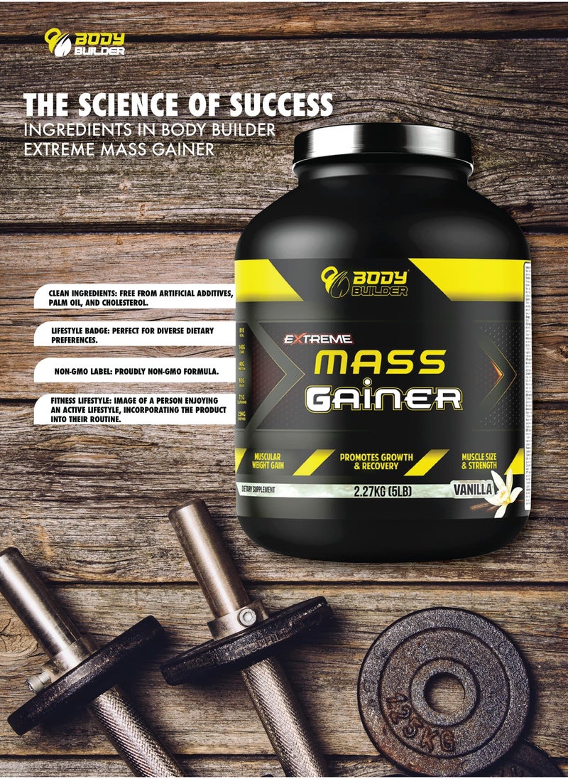 Extreme Mass Gainer - Vanilla Flavor, 5 LB - BCAAs, Glutamine, Digestive Enzymes,Muscle Growth, Weight Gainer