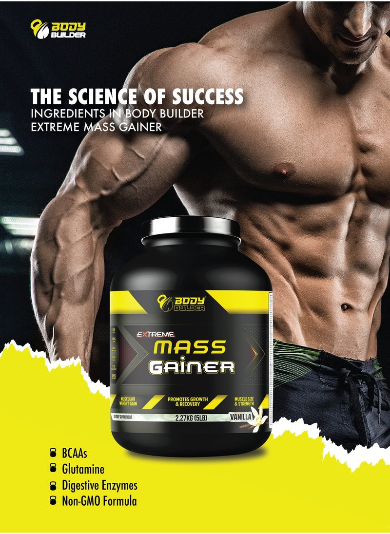 Extreme Mass Gainer - Vanilla Flavor, 5 LB - BCAAs, Glutamine, Digestive Enzymes,Muscle Growth, Weight Gainer