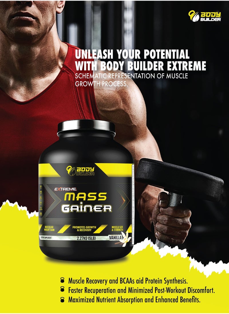 Extreme Mass Gainer - Vanilla Flavor, 5 LB - BCAAs, Glutamine, Digestive Enzymes,Muscle Growth, Weight Gainer
