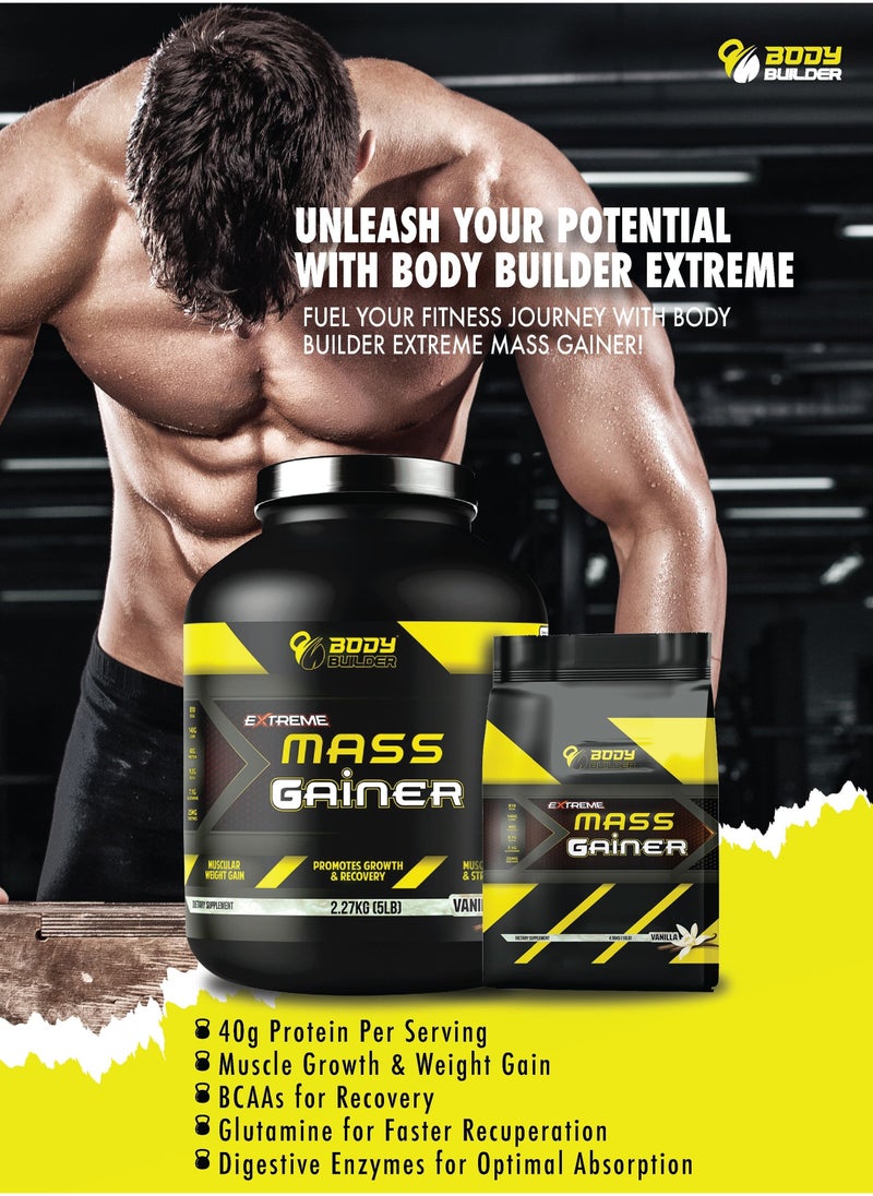 Extreme Mass Gainer - Vanilla Flavor, 5 LB - BCAAs, Glutamine, Digestive Enzymes,Muscle Growth, Weight Gainer