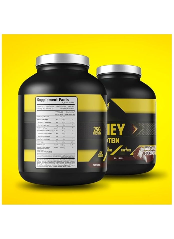 Whey Protein, Low Sugar Whey with 5 Digestive Enzymes  Chocolate Coconut Flavor, 4 Lb
