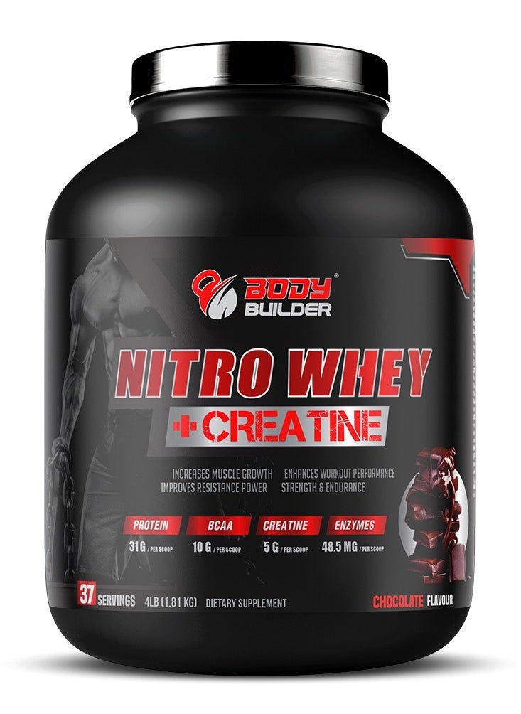 Nitro Whey Protein Plus Creatine, Contains Digestive Enzymes, Chocolate Flavor, 4 Lb