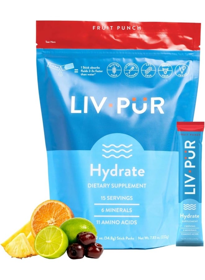 Hydrate Hydration Powder W/Electrolytes | Essential Amino Acids & Nutrients | Nsf Certified For Sport, No Artificial Flavors | Easy Single-Serve Sticks | Fruit Punch, 15 Sticks