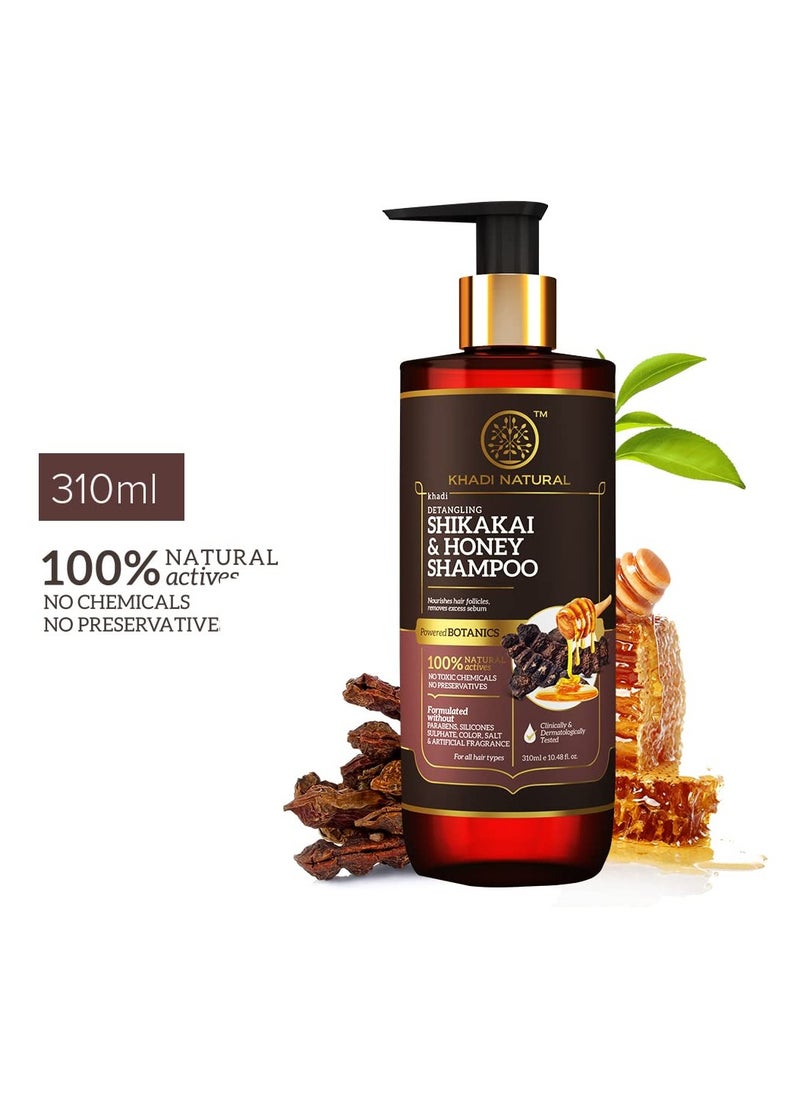 Khadi Natural Shikakai and Honey Shampoo Detangles hair Makes hair manageable Protect from hair build-up Suitable for all hair types Powered Botanics 310ml