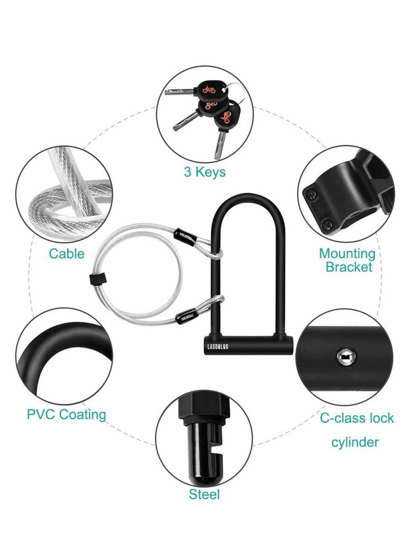 Heavy Duty U,Lock for Bikes with 4FT Steel Cable and Secure Mounting Bracket for Road, Mountain, Electric, and Folding Bikes