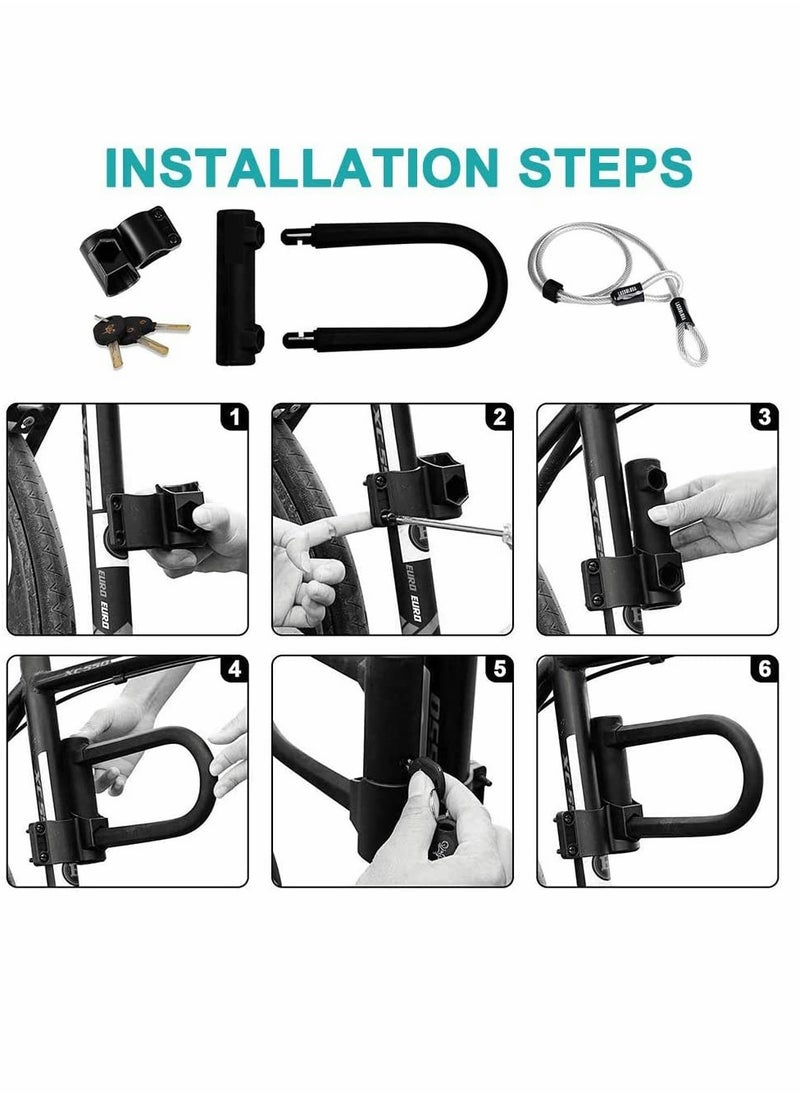 Heavy Duty U,Lock for Bikes with 4FT Steel Cable and Secure Mounting Bracket for Road, Mountain, Electric, and Folding Bikes