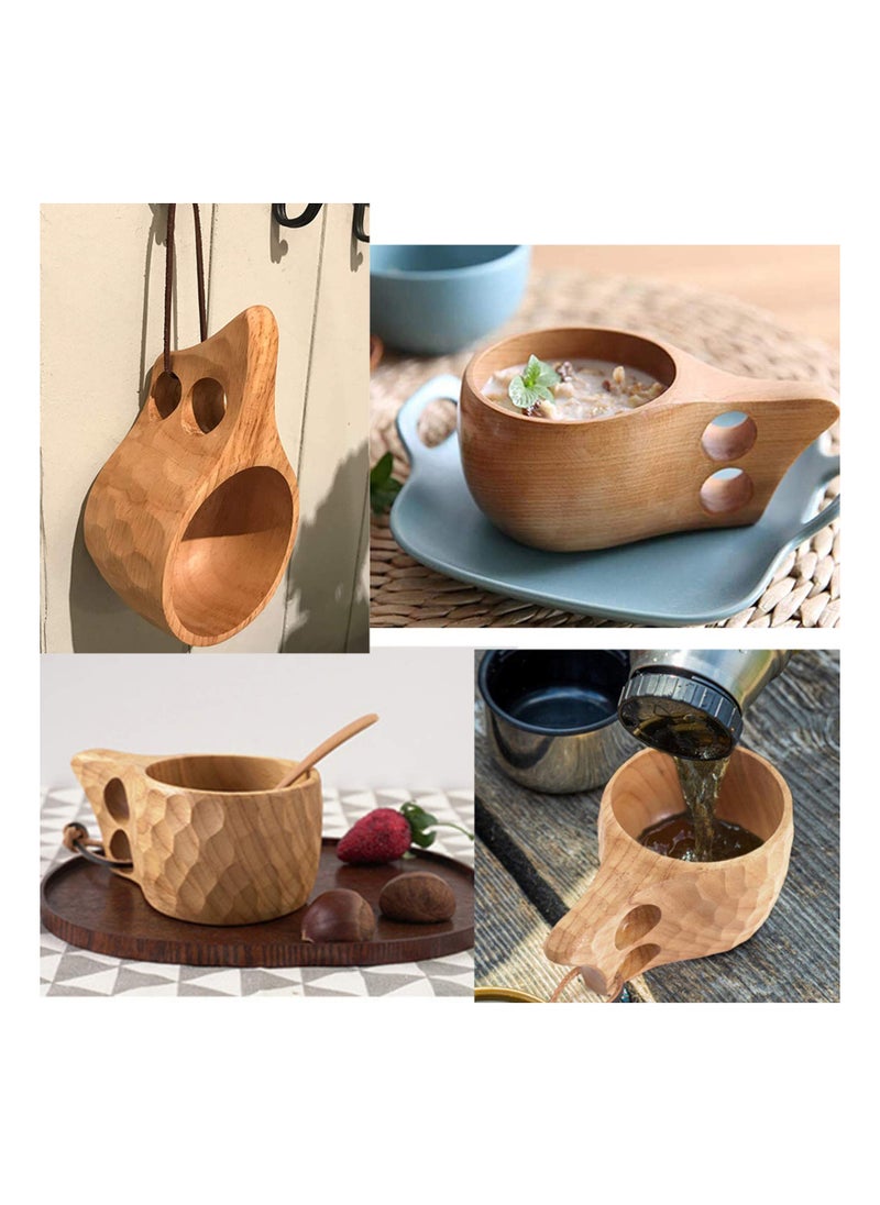Natural Wood Mug, 2Pcs Wooden Camping Mug Natural Oak Wood Coffee Cups Handcrafted Outdoor Cup with Leather Lanyard Portable Hiking Tableware