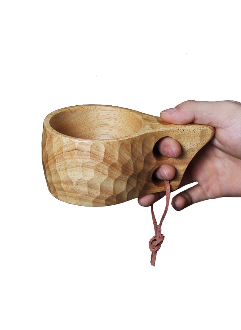 Natural Wood Mug, SYOSI 2Pcs Wooden Camping Mug Natural Oak Wood Coffee Cups Handcrafted Outdoor Cup with Leather Lanyard Portable Hiking Tableware