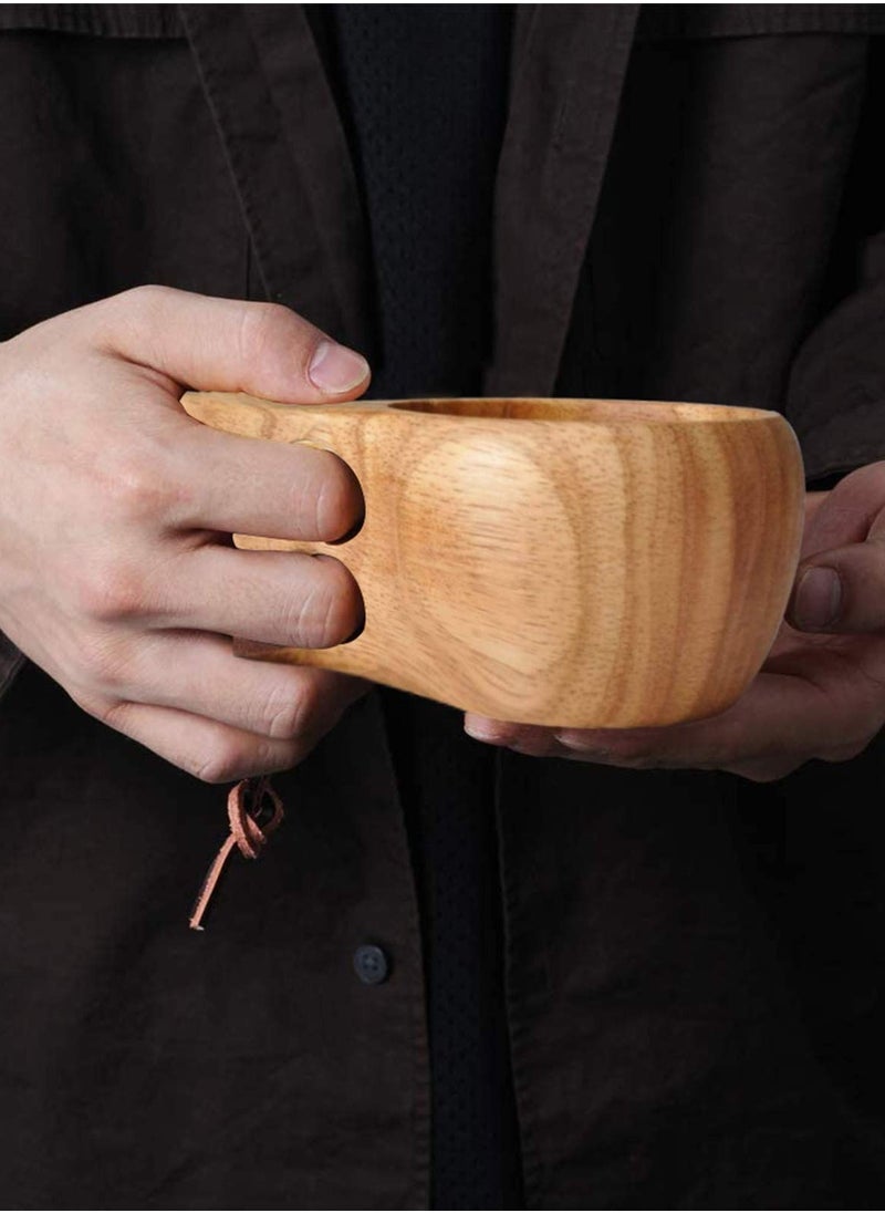 Natural Wood Mug, SYOSI 2Pcs Wooden Camping Mug Natural Oak Wood Coffee Cups Handcrafted Outdoor Cup with Leather Lanyard Portable Hiking Tableware
