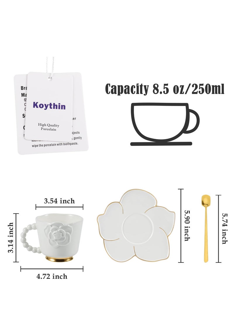 Ceramic Coffee Mug with Saucer Set, Creative Cute Camellia Cup with Camellia Coaster for Office and Home, 8.5 oz/250 ml for Tea Latte Milk (White)