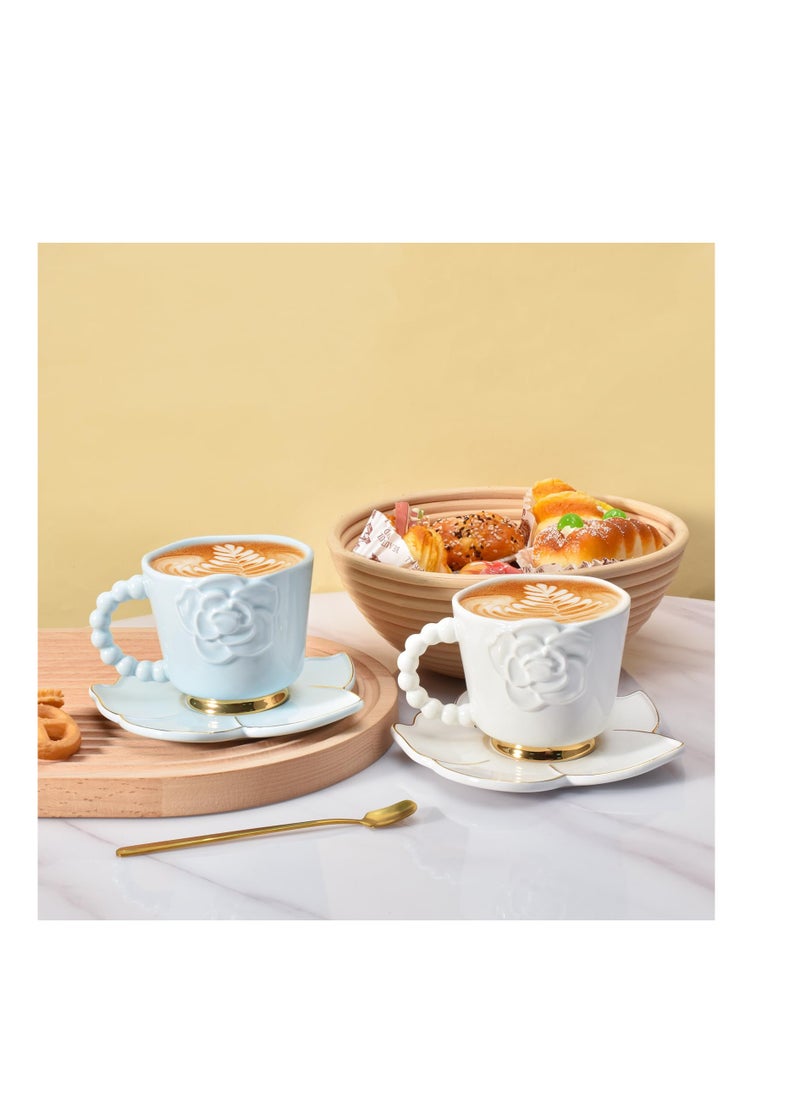 Ceramic Coffee Mug with Saucer Set, Creative Cute Camellia Cup with Camellia Coaster for Office and Home, 8.5 oz/250 ml for Tea Latte Milk (White)
