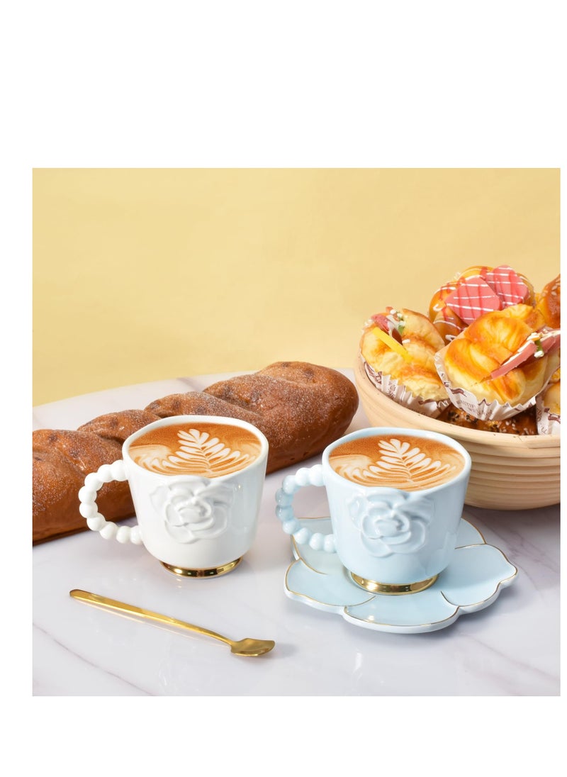 Ceramic Coffee Mug with Saucer Set, Creative Cute Camellia Cup with Camellia Coaster for Office and Home, 8.5 oz/250 ml for Tea Latte Milk (White)
