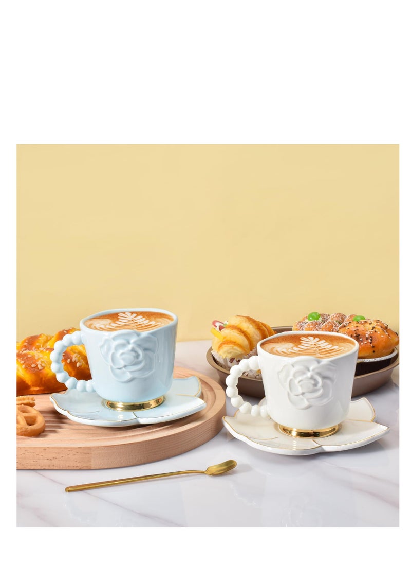 Ceramic Coffee Mug with Saucer Set, Creative Cute Camellia Cup with Camellia Coaster for Office and Home, 8.5 oz/250 ml for Tea Latte Milk (White)