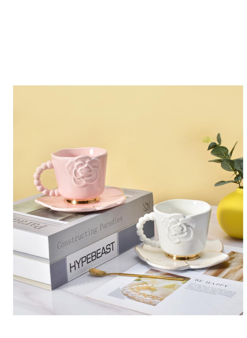 Ceramic Coffee Mug with Saucer Set, Creative Cute Camellia Cup with Camellia Coaster for Office and Home, 8.5 oz/250 ml for Tea Latte Milk (White)
