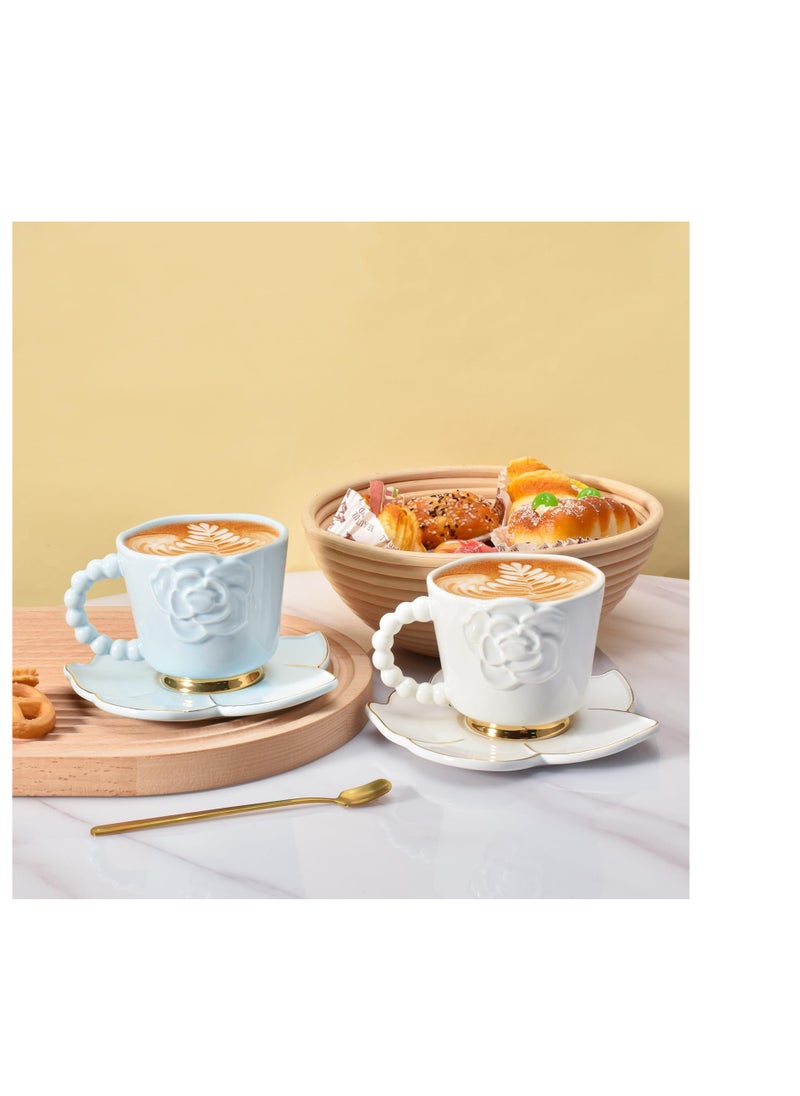 Ceramic Coffee Mug with Saucer Set, Creative Cute Camellia Cup with Camellia Coaster for Office and Home, 8.5 oz/250 ml for Tea Latte Milk (White)