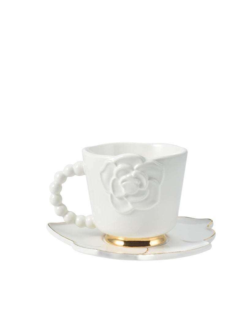 Ceramic Coffee Mug with Saucer Set, Creative Cute Camellia Cup with Camellia Coaster for Office and Home, 8.5 oz/250 ml for Tea Latte Milk (White)