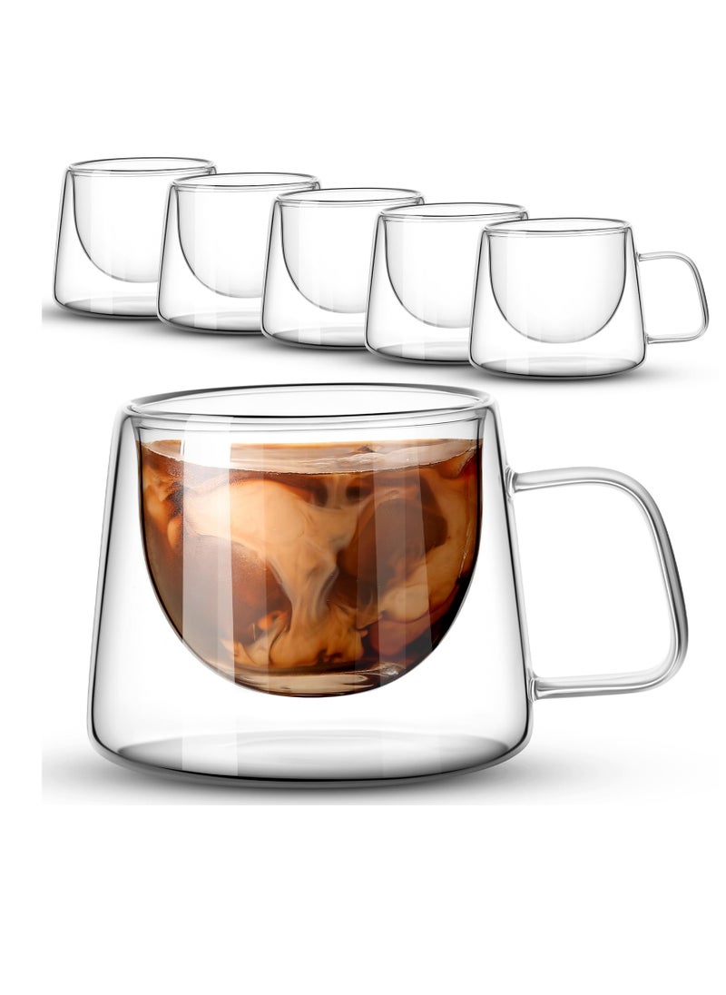 Set of 6 Double Wall Insulated Glass Coffee Mugs 6.8 oz with Square Handle for Espresso, Cappuccino, Latte and Tea Gifts