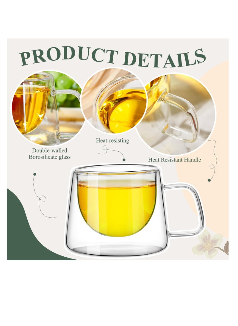 Set of 6 Double Wall Insulated Glass Coffee Mugs 6.8 oz with Square Handle for Espresso, Cappuccino, Latte and Tea Gifts