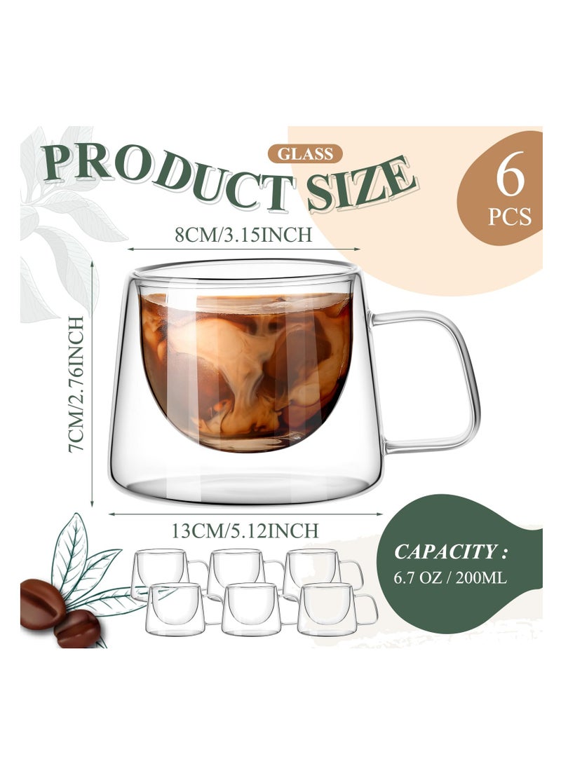 Set of 6 Double Wall Insulated Glass Coffee Mugs 6.8 oz with Square Handle for Espresso, Cappuccino, Latte and Tea Gifts
