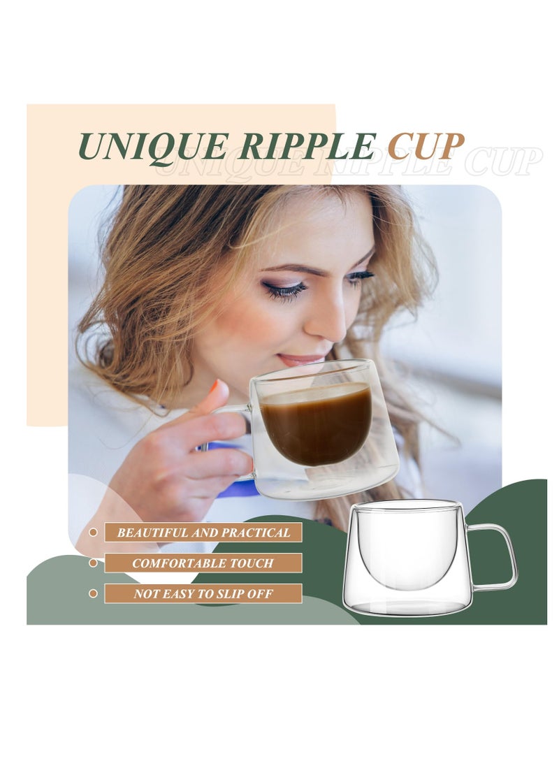 Set of 6 Double Wall Insulated Glass Coffee Mugs 6.8 oz with Square Handle for Espresso, Cappuccino, Latte and Tea Gifts