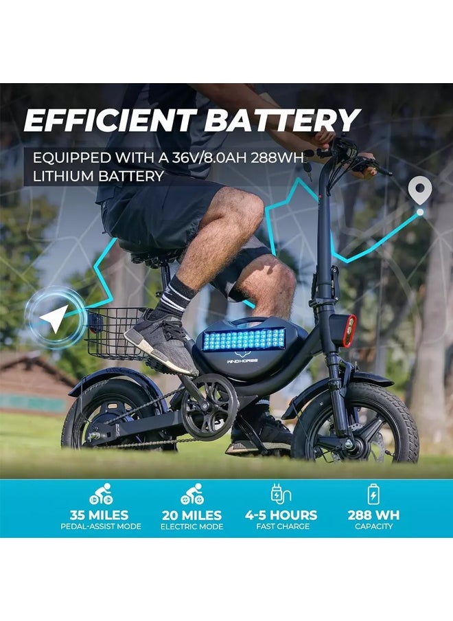 Foldable Electric Bike for Adults 500W Brushless Hub Motor, 35 KMH Max Speed, 19-35 KM Range with 36V 8AH Battery, 14 Inches Tires with Dual Suspension and Disc Brakes, Lightweight Carbon Alloy Frame, Urban Commuter E-Bike with Basket for Easy Storage and Transport