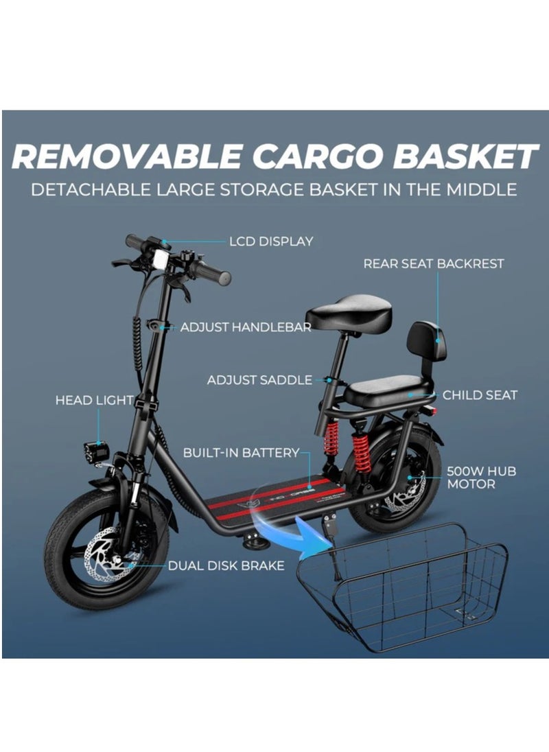 Electric Scooter 850W Motor with Dual Seat, 48V10Ah Battery, 50KM/H Speed, 40KM Range, Dual Suspension and Storage Basket, C3 E-Scooter