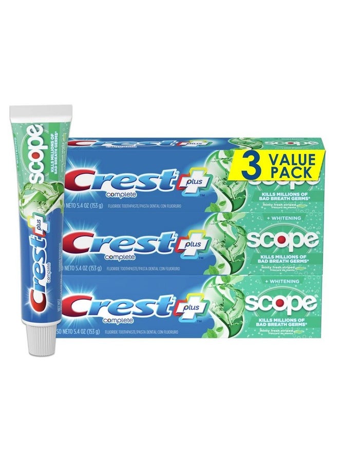 Crest + Scope Whitening Toothpaste - Pack of 3, 5.4 Oz Tubes - Anticavity Fluoride Toothpaste, Fresh Breath, Kills Germs - Tartar Protection, Enamel Protection - Minty Fresh Flavor