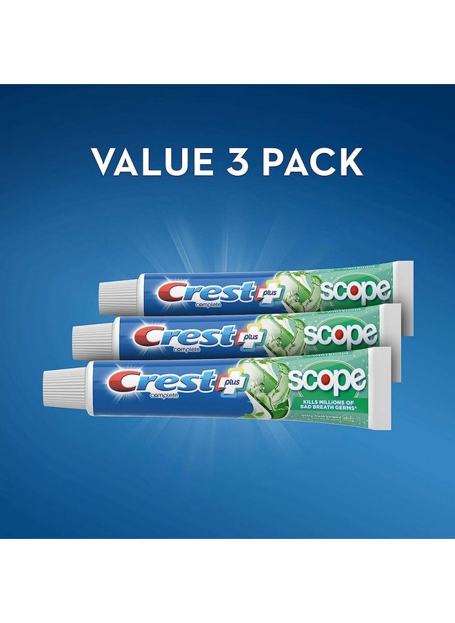 Crest + Scope Whitening Toothpaste - Pack of 3, 5.4 Oz Tubes - Anticavity Fluoride Toothpaste, Fresh Breath, Kills Germs - Tartar Protection, Enamel Protection - Minty Fresh Flavor