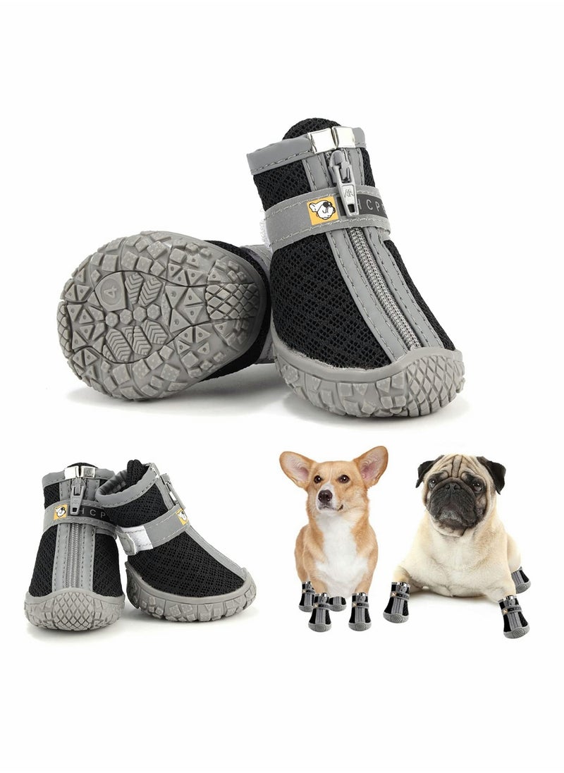 Dog Shoes, 4 Pcs Size 5 Anti-Slip Breathable Waterproof Dog Booties, Boot Paw Protector for Small Dog, Dog Hiking Shoes with Reflective Adjustable Strap Zipper, Puppy Shoe for Hot Pavement Winter Snow