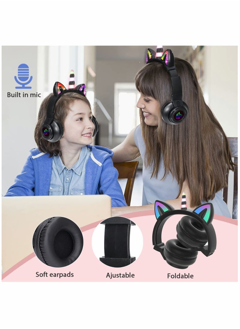 Unicorn Headphones, Bluetooth Foldable Headphones Stereo with Microphone and Volume Control Light Up for PC/Cell Phones/TV/iPad, Boys Girls Kids (Black)
