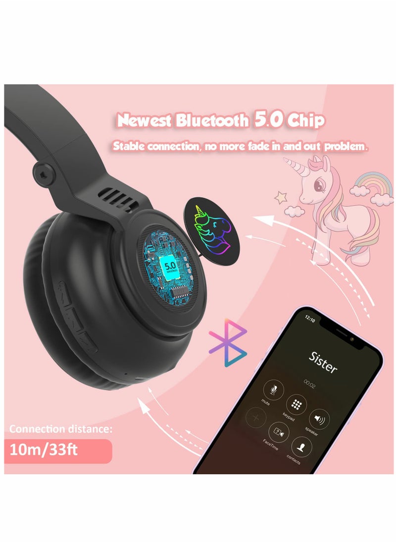 Unicorn Headphones, Bluetooth Foldable Headphones Stereo with Microphone and Volume Control Light Up for PC/Cell Phones/TV/iPad, Boys Girls Kids (Black)