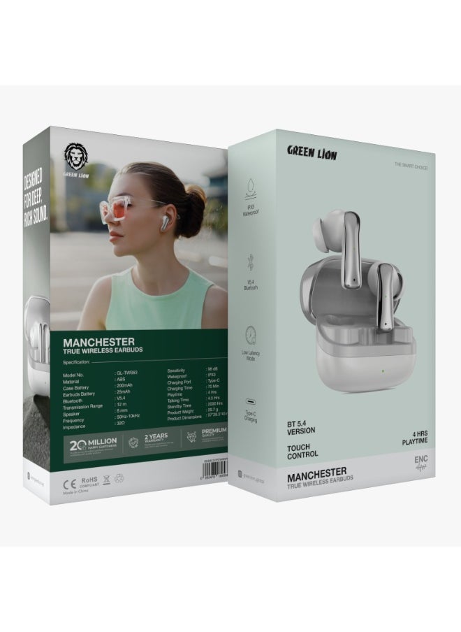 True Wireless Earbuds Manchester  with Bluetooth 5.4 & Low Latency Mode, 4H Playtime, Fast Charging, 8mm Drivers & Long Standby/ Ergonomic Noise-Isolating In-Ear Headphones for Music, Calls & Gaming - White