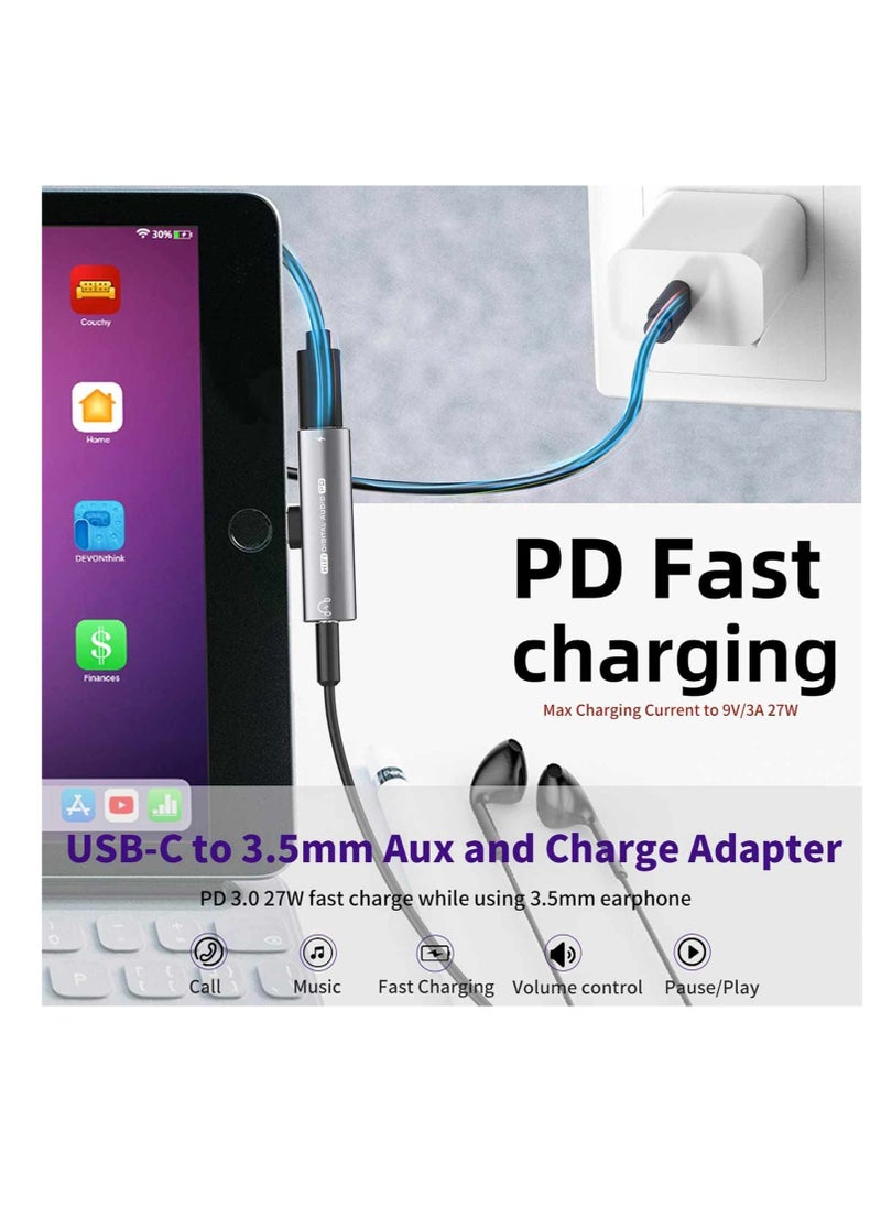 2 in 1 USB C to 3.5mm Headphone and Charger Adapter, Headphone Adapter with 27W Fast Charging, Hi-Fi Dongle Compatible with Galaxy S22 S21 S20 S20+ Note 20 Pixel 6/5/3/4 XL