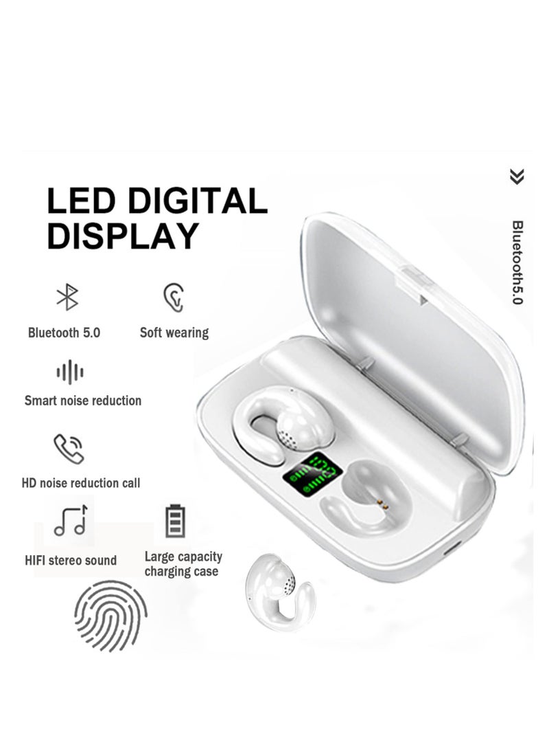 Wireless Earbuds with Earhooks Mini Bone Conduction Headphones Waterproof Bluetooth Earpiece Noise Canceling Headset Sports 5.0 Earphones for Cycling Driving, Gym, White