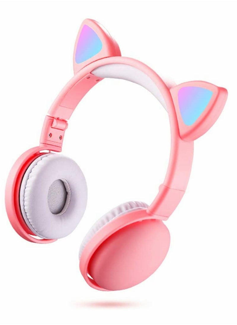Led Cat Ear Headphones Pink Color Luminous Wireless Headphone Bluetooth 5.0 Headsets Noise Cancelling Foldable Adults Kids Earphone, Cute Earphone for Boys and Girls