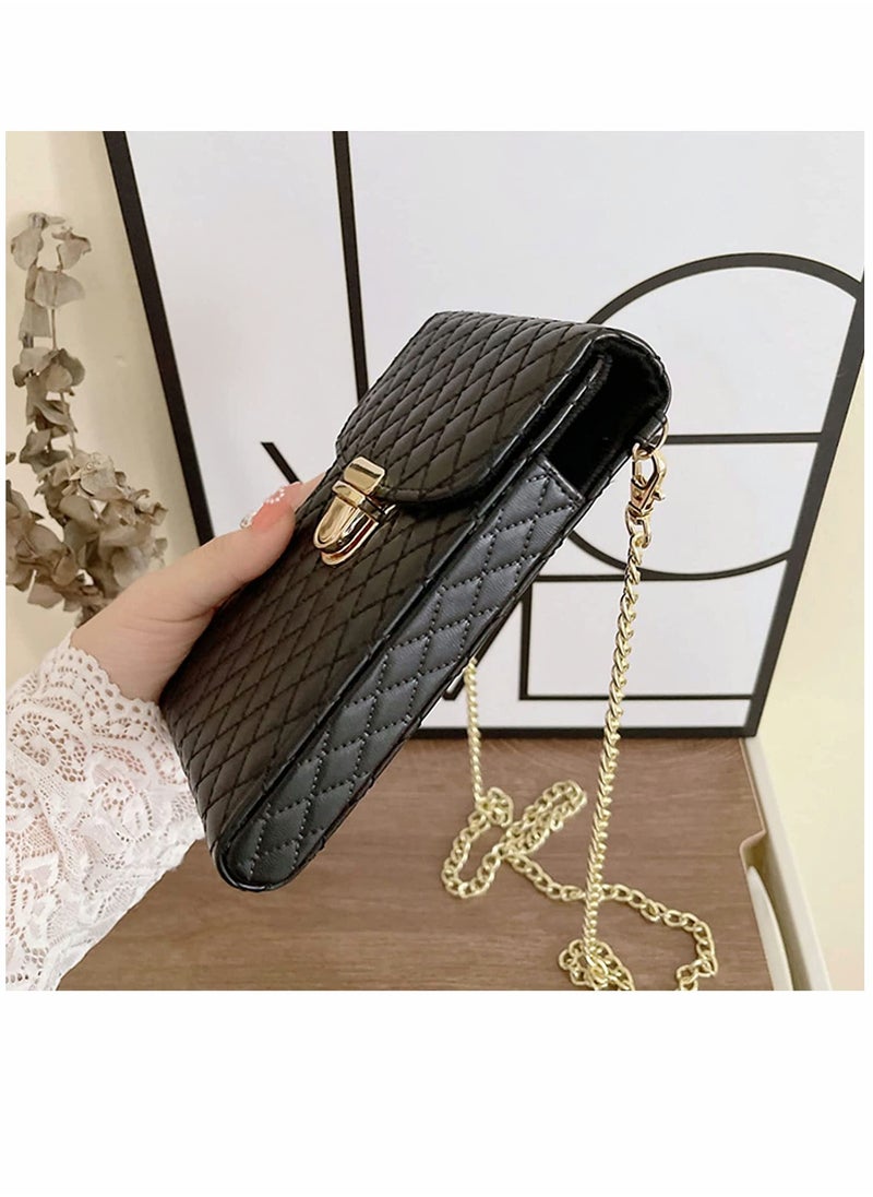 Cell Phone Bag Women Crossbody Small Shoulder Handbags Luxury Quilted Wallet Purse Soft Vegan PU Leather Case Ladies Dating Bag with Gold Chain Strap (Black)