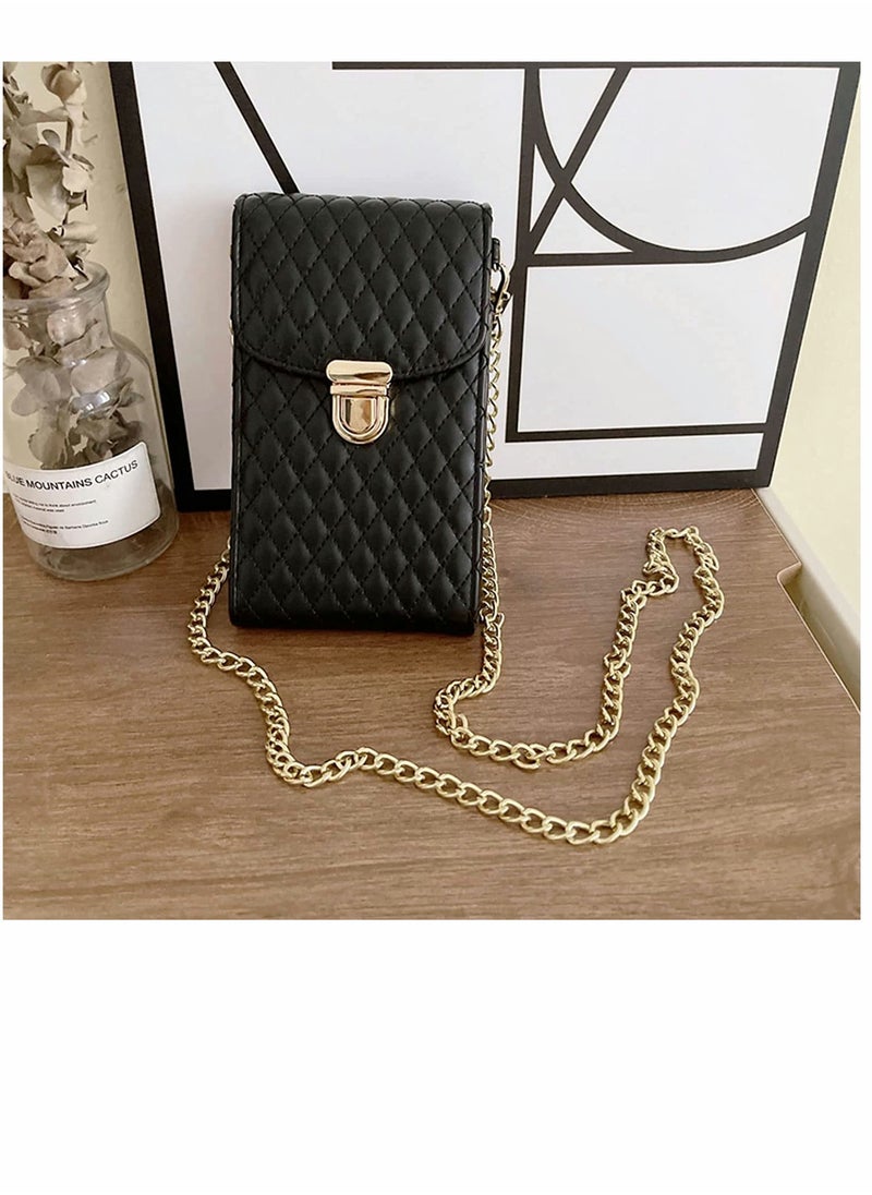 Cell Phone Bag Women Crossbody Small Shoulder Handbags Luxury Quilted Wallet Purse Soft Vegan PU Leather Case Ladies Dating Bag with Gold Chain Strap (Black)