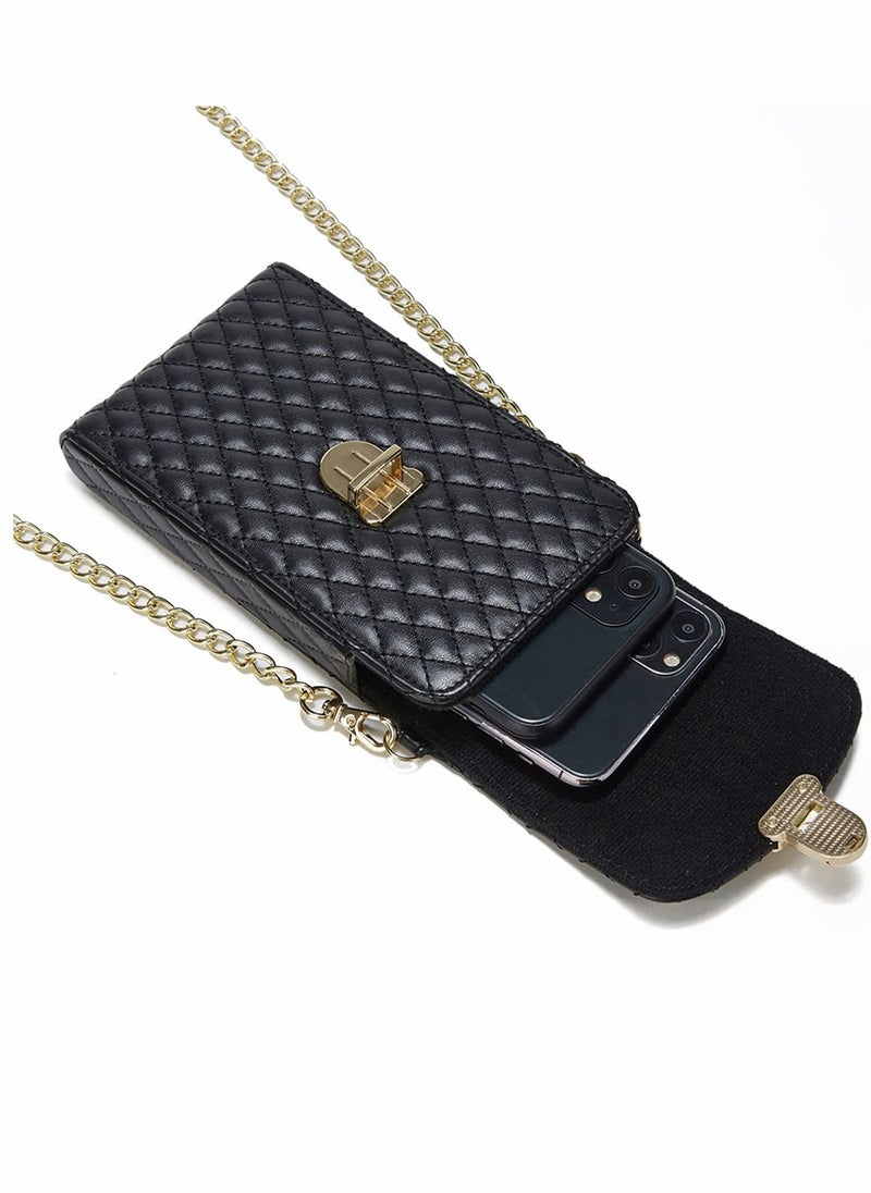 Cell Phone Bag Women Crossbody Small Shoulder Handbags Luxury Quilted Wallet Purse Soft Vegan PU Leather Case Ladies Dating Bag with Gold Chain Strap (Black)