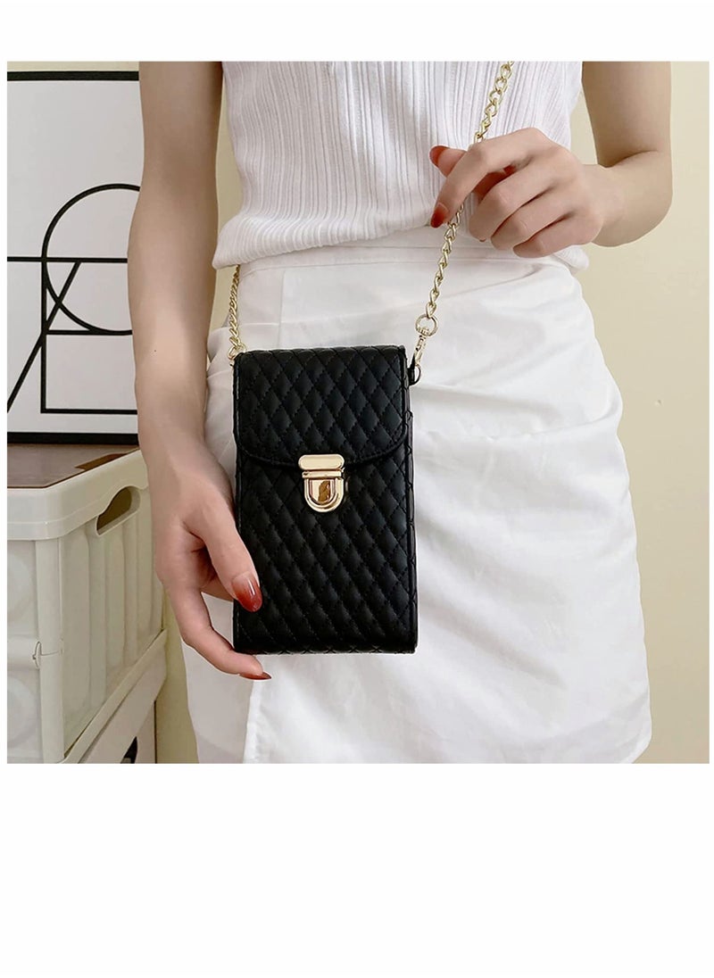 Cell Phone Bag Women Crossbody Small Shoulder Handbags Luxury Quilted Wallet Purse Soft Vegan PU Leather Case Ladies Dating Bag with Gold Chain Strap (Black)