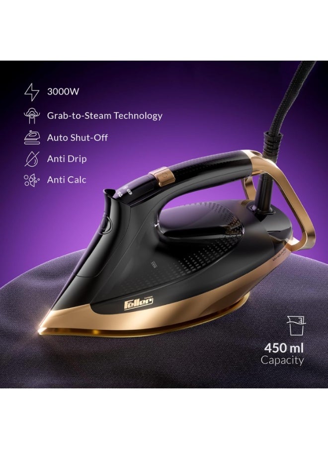 Vanguard Plus Steam Iron 3000W,Grab-to-Steam Technology,Prime Gold Ceramic 2x Sole Plate+Anti Calc,Anti Drip,Auto Shut Off,Display,Turbo Steam